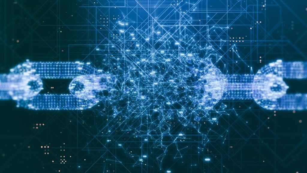 A digital network illustration showing a complex node of interconnected blue lines and glowing data particles fracturing a digital chain link, symbolizing structural supply chain disruptions within the Global Economy.