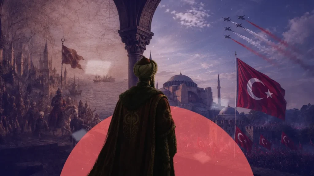 An artistic split-screen graphic depicts an Ottoman-era sultan standing beneath an ornate arch looking toward the Hagia Sophia and fighter jets flying overhead alongside Turkish flags, contrasting historical militarism with the societal ideals of Ottoman pluralism.