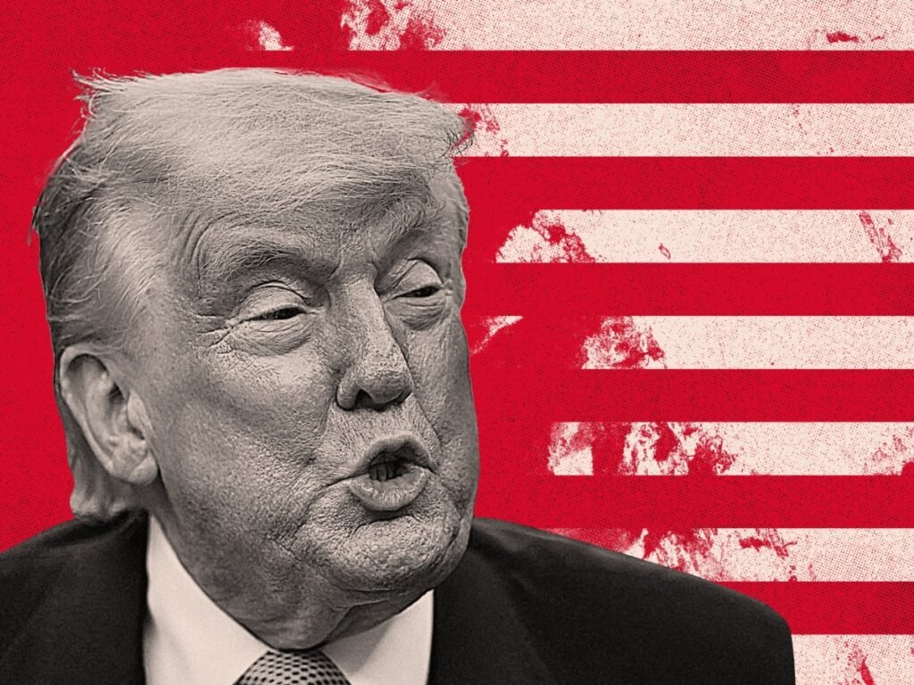 A close-up graphic illustration of Donald Trump speaking, set against a stylized red and white striped background reminiscent of the US flag, conceptually framing the policy shift behind Trump's 2026 Iran deal.