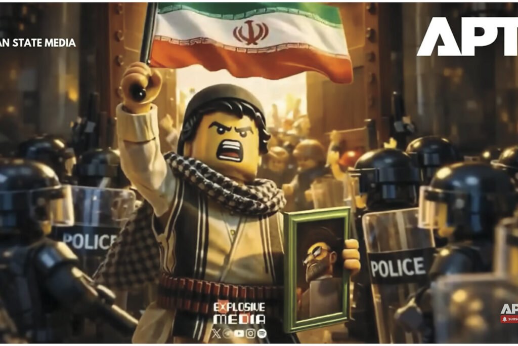 An animated Lego-style figure shouting while waving the national flag of Iran and holding a framed portrait amidst a line of Lego riot police, demonstrating how digital animation is utilized by the state to act as a regional propaganda power player.