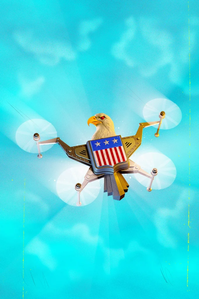 خسارة حرب المستقبل A vibrant digital illustration of a quadcopter military drone styled with an American bald eagle head and a red, white, and blue patriotic shield emblem flying in a bright sky, conceptually symbolizing modern autonomous defense tech in the war of the future.
