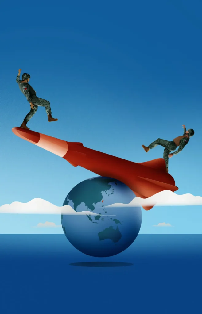 توهم برتری نظامی چین A conceptual digital illustration depicting two soldiers in military camouflage gear trying to balance on a large red ballistic missile that is precariously balanced atop a globe focused on the Asia-Pacific region, visually symbolizing the geopolitical fragility and instability surrounding a projected military edge.
