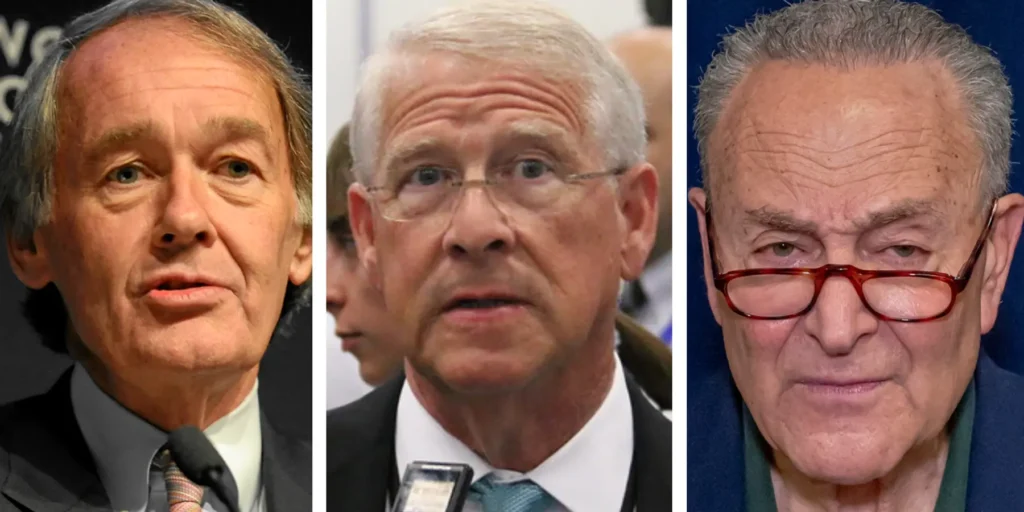 A three-panel composite image featuring close-up portraits of U.S. politicians Ed Markey, Roger Wicker, and Chuck Schumer, visually representing bipartisan congressional voices who have emerged as notable critics of Iran peace deal.