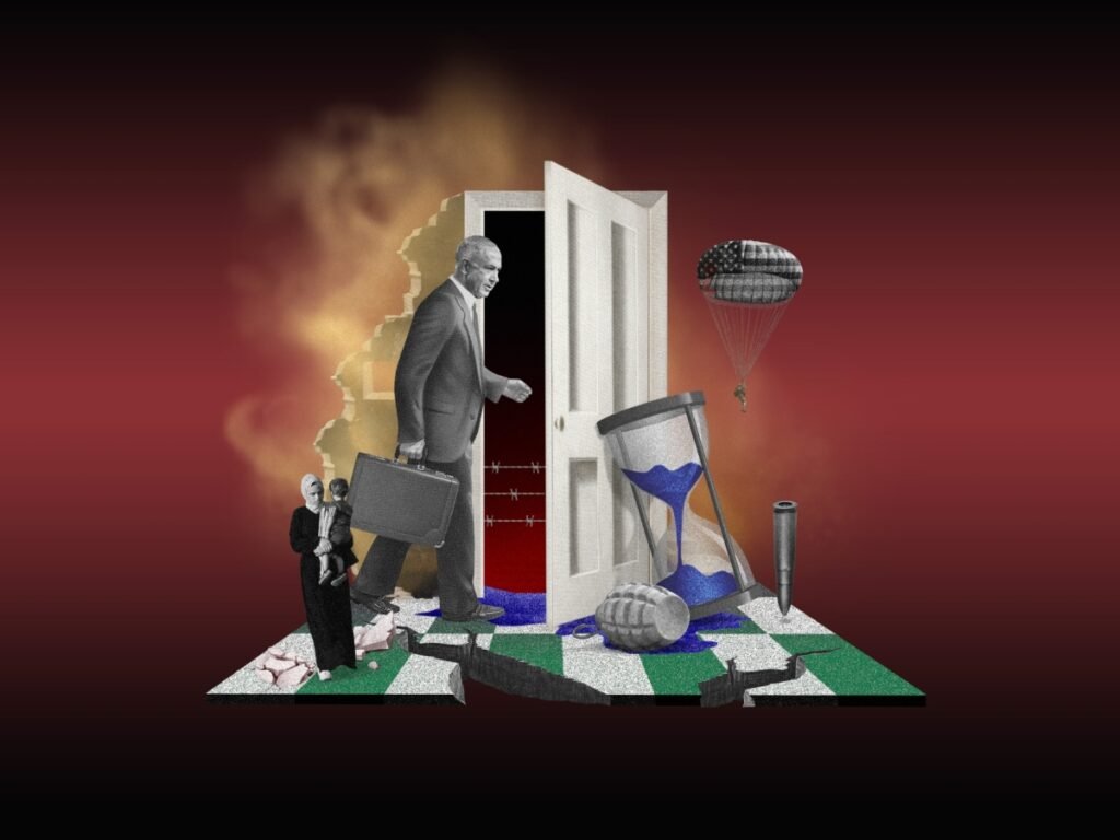 النصر الذي لم يكن: نتنياهو وحرب إيران A surreal political collage art piece set on a cracked green chessboard showing a man in a business suit holding a briefcase stepping through a doorway, surrounded by symbols of conflict including a large blue hourglass, a hand grenade, an artillery bullet, and smoke, conceptually illustrating the strategic dead ends of Netanyahu's Iran War.