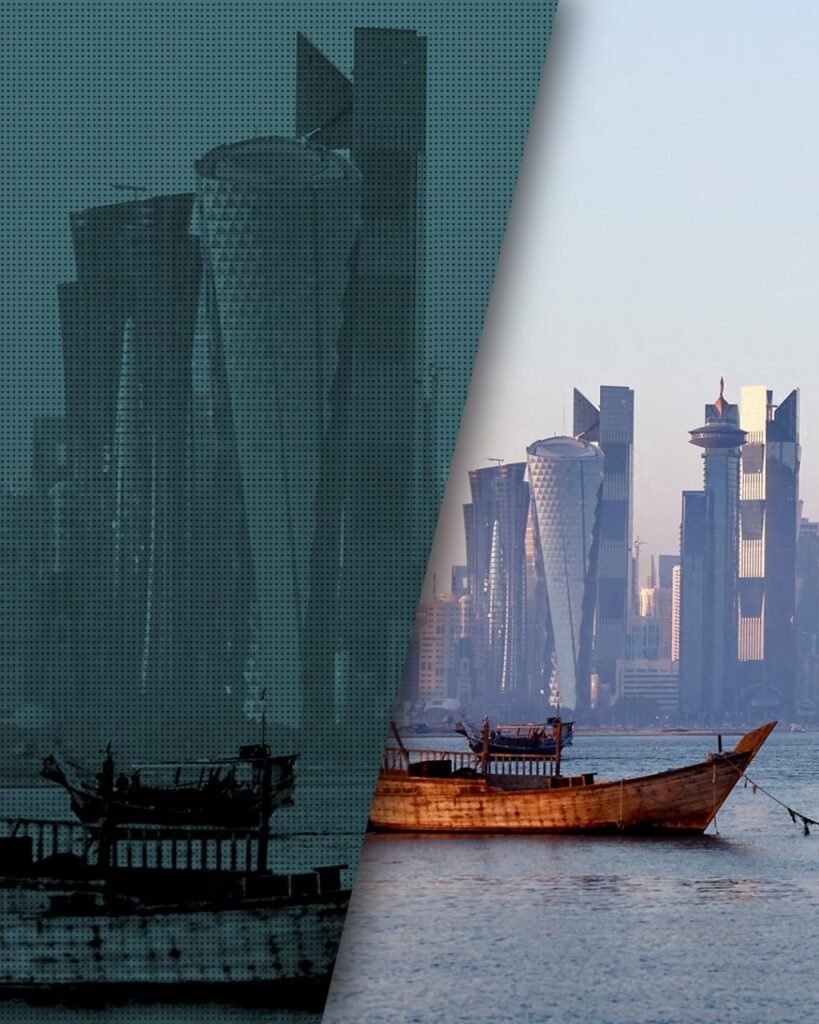 The Middle East’s New Center of Gravity A traditional wooden dhow boat floats on calm water in front of a modern, gleaming city skyline, split diagonally by a dark halftone filter effect to conceptually represent a shifting regional landscape toward a new center of gravity.