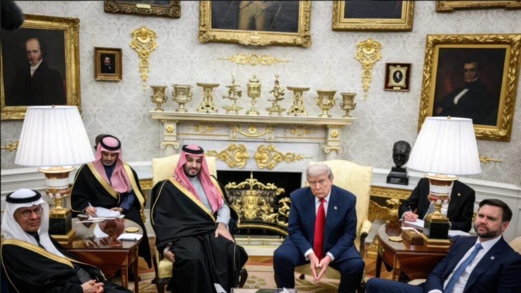 US President Donald Trump and Saudi Crown Prince Mohammed bin Salman seated alongside officials during a high-level meeting in the Oval Office, framing the geopolitical shift toward the Iran War and Saudi Arabia's Strategy of self-reliance.