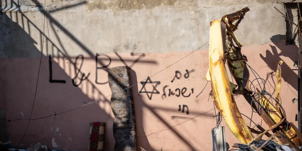 A war-damaged concrete wall in Lebanon features dark graffiti containing Latin lettering and a Star of David alongside Hebrew text with a mangled yellow metal structural beam resting to the right, documenting the bleak aftermath connected to the Nakba of 2026.