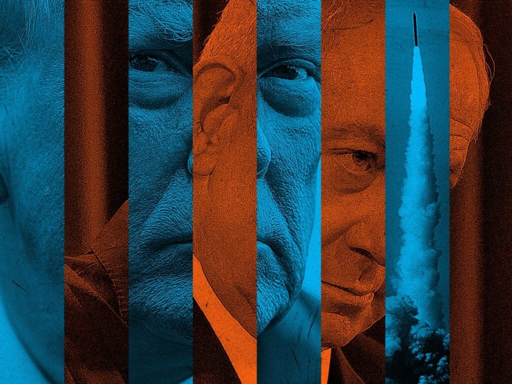 Trump started a war he can’t control A conceptual digital collage split into vertical orange and blue textured strips, alternating between extreme close-up fragments of Donald Trump's face, Benjamin Netanyahu's expression, and a powerful missile ascending into the sky with a massive smoke trail, visualizing how Trump started a war.