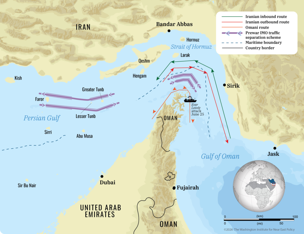 A detailed geopolitical transit map of the Strait of Hormuz and surrounding maritime boundaries, showing altered Iranian and Omani inbound and outbound transit routes alongside the location of a ship attack near Oman, illustrating shifting dynamics in Persian Gulf Shipping.