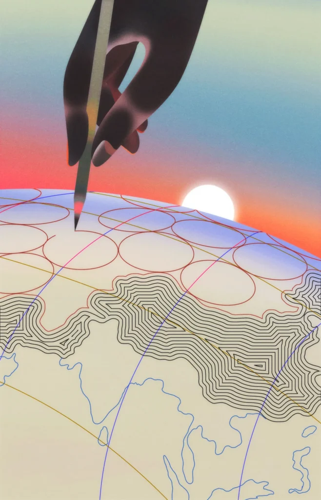 An artistic illustration of a hand drawing geometric grid lines onto a globe with a rising sun in the background, symbolizing the conceptual mapping of global spheres of influence in Heartland vs Rimland.