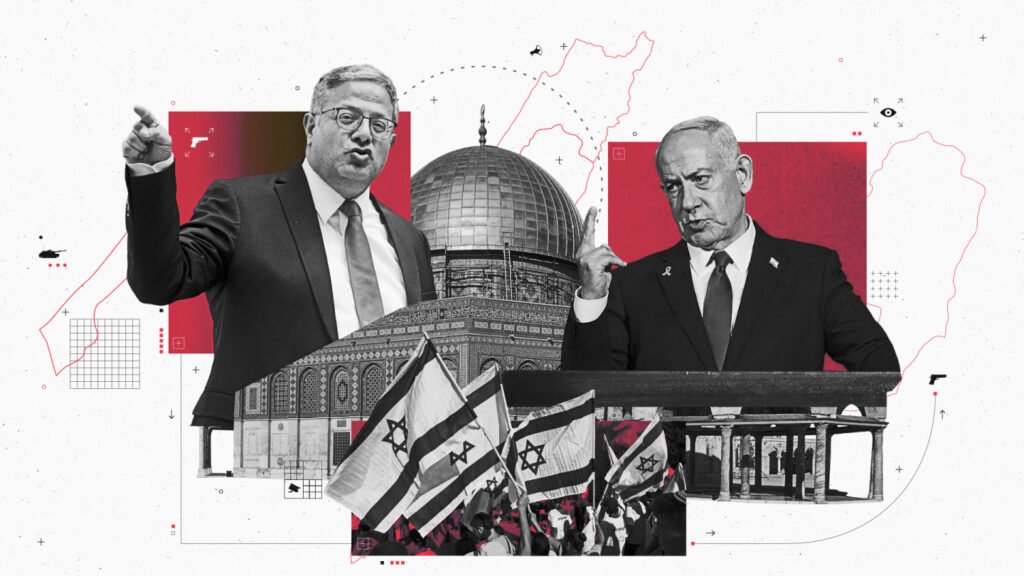 The battle for Al-Aqsa: How Israel is reshaping the status quo A political editorial collage featuring portraits of Israeli politicians Itamar Ben-Gvir and Benjamin Netanyahu alongside the Dome of the Rock mosque, with Israeli flags waving below, conceptually illustrating the strategic changes driving the battle for Al-Aqsa.