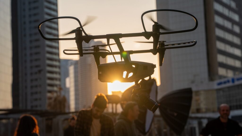 A military-grade drone hovers at sunset over a crowded Tel Aviv square, silhouetted against golden light and urban skyscrapers — a visual embodiment of Israel's new threat landscape defined by advanced aerial warfare systems.