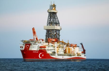 The Turkish drilling vessel Cagri Bey docked in the Indian Ocean near the Mogadishu sea port in Somalia, showcasing the regional naval presence tied to geopolitical tensions surrounding the maritime bill.