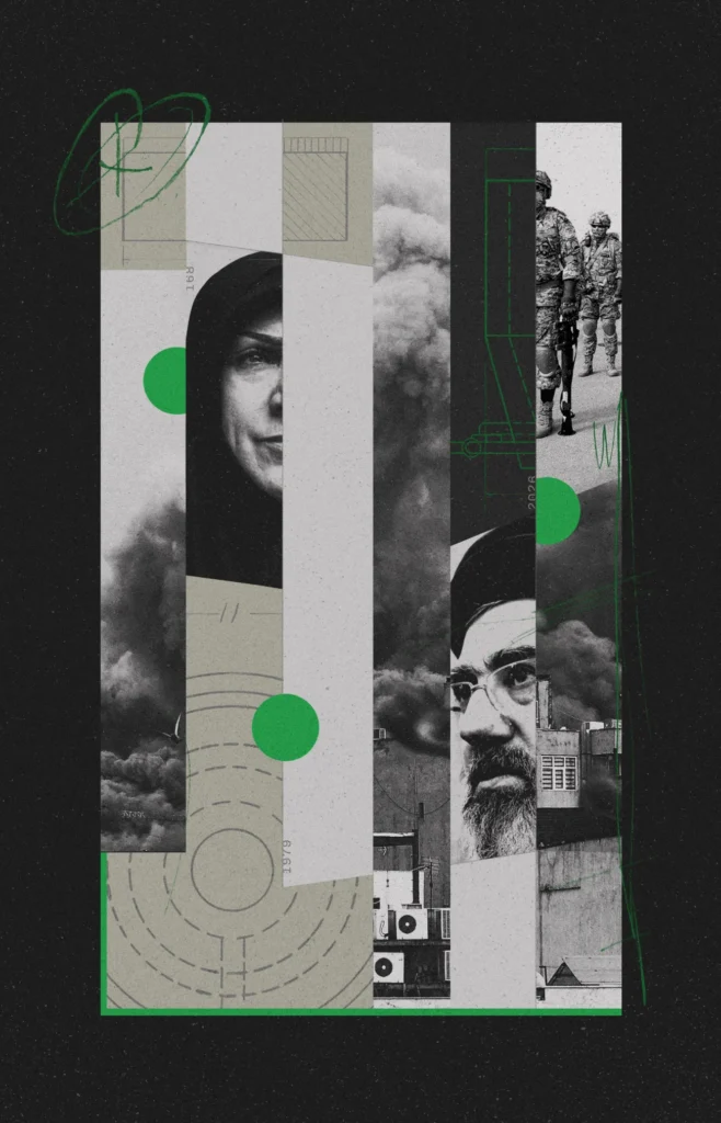 An editorial political collage featuring partial portraits of an Iranian woman in a chador and Mojtaba Khamenei, combined with vertical strips of military soldiers, urban smoke plumes, architectural blueprints, and green circles, representing the internal and regional shifts underlying Iran's new grand strategy.