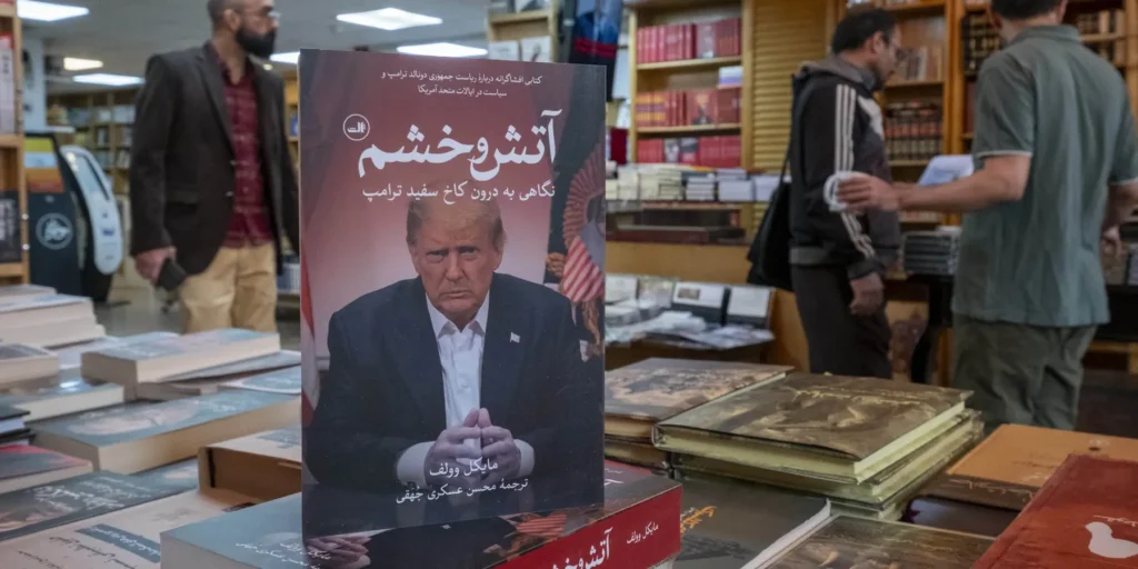A close-up view of a Persian-translated book titled Fire and Fury featuring Donald Trump on the cover, displayed on a table inside a bookstore with customers in the background, illustrating the public and political discourse surrounding the pressure to end the Iran War.