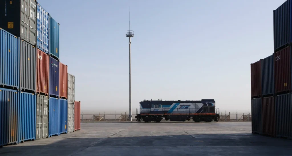 A freight train locomotive engine sits on a track inside a logistics depot surrounded by tall stacks of colorful shipping containers under a clear sky, highlighting the infrastructure challenges facing regional trade routes.
