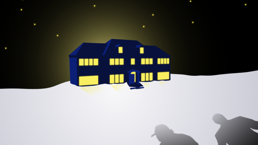 Home alone: Europeans are ready to defend themselves A minimalist graphic illustration depicts a dark blue house with glowing yellow windows nestled on a snowy white hill under a starry night sky, with two dark silhouettes creeping in the foreground to represent the geopolitical themes of how Europeans prepare for independent defense readiness.