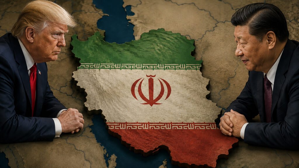 A conceptual digital illustration depicting Donald Trump on the left and Xi Jinping on the right facing each other over a map of the Middle East featuring a raised relief map of Iran draped in its national flag, highlighting the strategic rivalry that could signal a decline in American power.