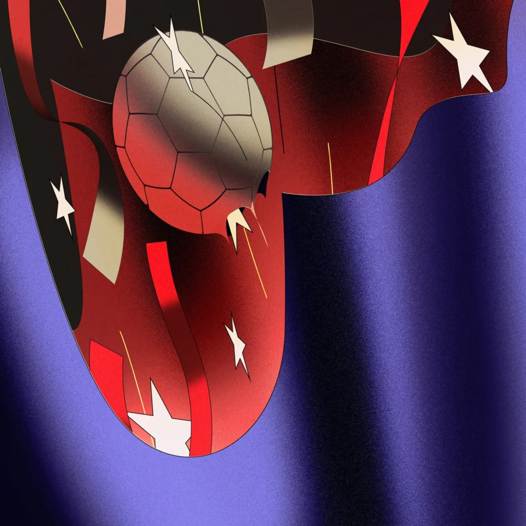An abstract political illustration featuring a soccer ball tangled with sharp barbed wire and draped across a red and blue flag with white stars, creating a conceptual editorial artwork that reflects public apathy toward the World Cup.
