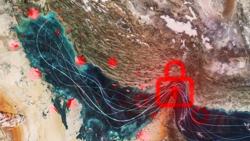 A satellite map of the Persian Gulf shows glowing red data points across the coastline, with curved white transit lines funnelling into a large red digital padlock over the Strait of Hormuz, emphasizing the maritime choke points involved in economic statecraft.