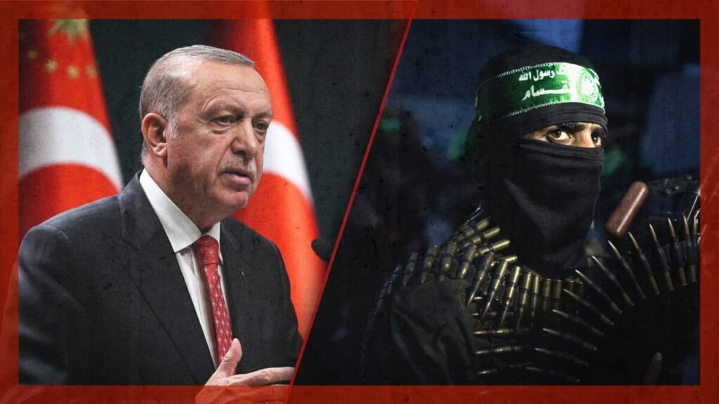 پناهگاه حماس در ترکیه، تروریسم را در کرانه باختری تشدید میکند A split-screen image juxtaposing Turkish President Recep Tayyip Erdogan in front of a Turkish flag on the left with a masked Hamas militant carrying ammunition belts on the right, conceptually framing allegations that Turkey fuels terror.