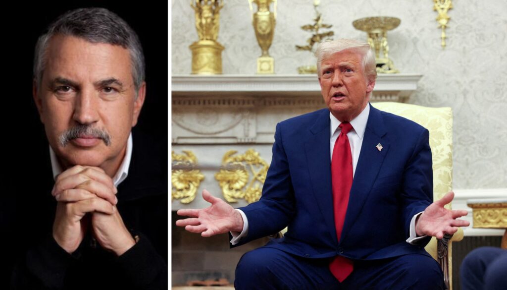 A split photo featuring a portrait of journalist Thomas L. Friedman on the left and former U.S. President Donald Trump speaking in the Oval Office on the right, analyzing the political clash at the core of international diplomacy.