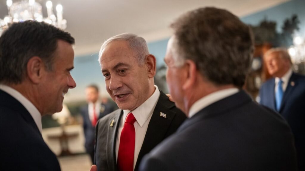 Israeli Prime Minister Benjamin Netanyahu converses with CIA Director John Ratcliffe and Middle East Envoy Steve Witkoff inside the White House, with Donald Trump visible in the blurred background, capturing diplomatic frictions surrounding the Abraham Accords.