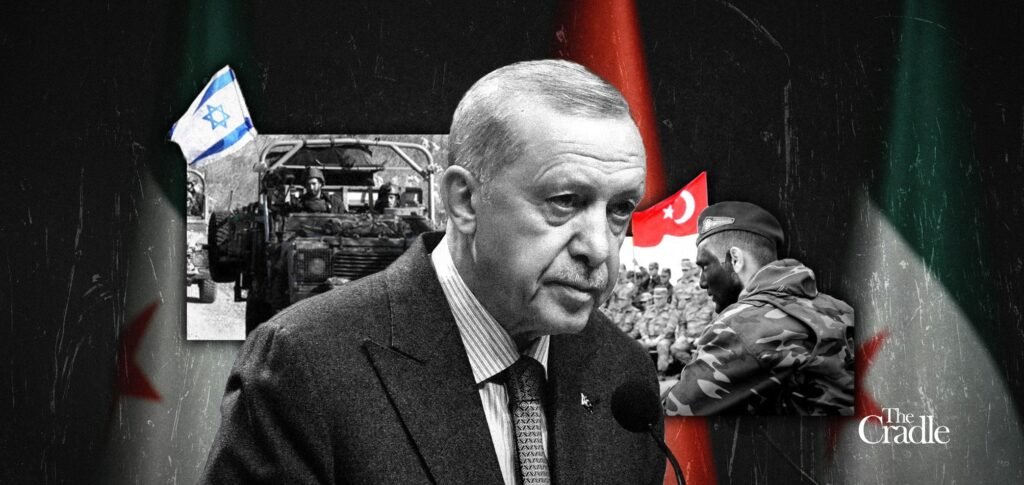 A graphic collage featuring Turkish President Recep Tayyip Erdogan surrounded by Israeli and Turkish flags and military personnel, symbolizing regional geopolitical rivalry and Israel - Turkey Tensions.