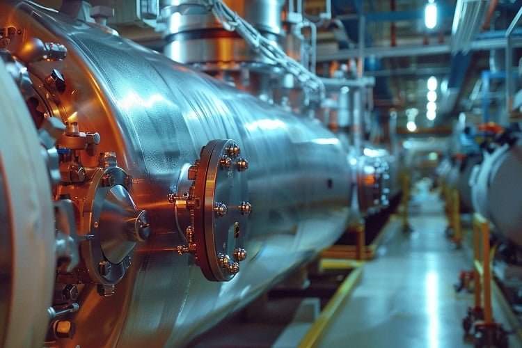 Vance’s Iran Inspection Deal is No Triumph A close-up perspective of large, gleaming metallic industrial pipes and specialized pressurized cylindrical machinery inside an advanced nuclear facility, contextualizing the debate over the Iran Inspection Deal.