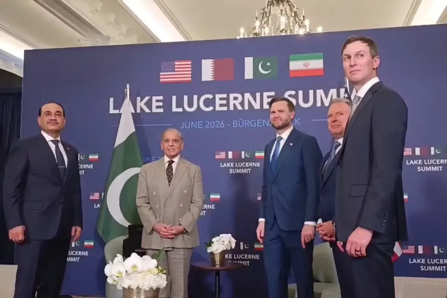 Why Pakistan must choose active neutrality in the Iran-US war Pakistani Prime Minister Shehbaz Sharif and military leadership posing alongside US Vice President JD Vance and diplomatic delegates in front of a Lake Lucerne Summit backdrop with national flags, reflecting strategic diplomatic balancing and active neutrality.