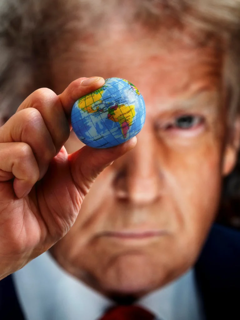 Trump’s Kiss of Death A close-up composite photo of Donald Trump holding a small globe between his fingers in front of his face, representing presidential influence on global affairs in relation to Trump second term failures.