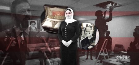 A digital photomontage centered on a woman in a black dress and white hijab, surrounded by superimposed images of stacked cash, luxury gold items, security forces searching an office ceiling, and a faint background scene, providing visual elements for analysis on Iraq's arrest wave.