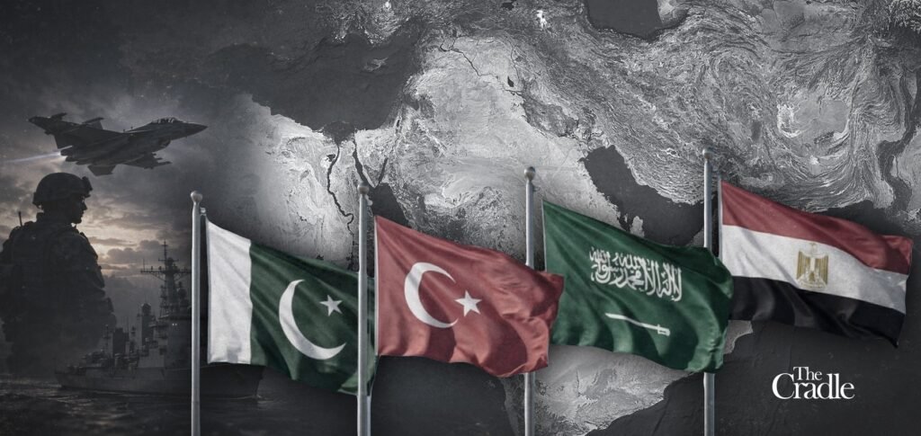 Flags of Pakistan, Turkey, Saudi Arabia, and Egypt waving in front of a satellite regional map, fighter jet, naval warship, and soldier silhouette, illustrating a proposed Muslim defense bloc.