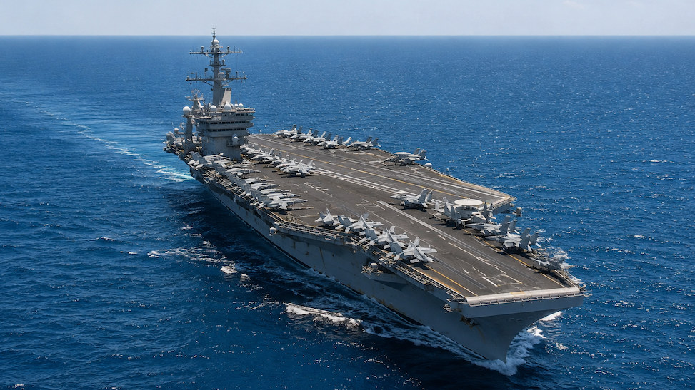 البحرين ما بعد الحرب الإيرانية An aerial view of a massive U.S. Navy aircraft carrier sailing through the deep blue sea, with numerous fighter jets parked across its flight deck, symbolizing the naval presence central to Bahrain's Role in Gulf Security.