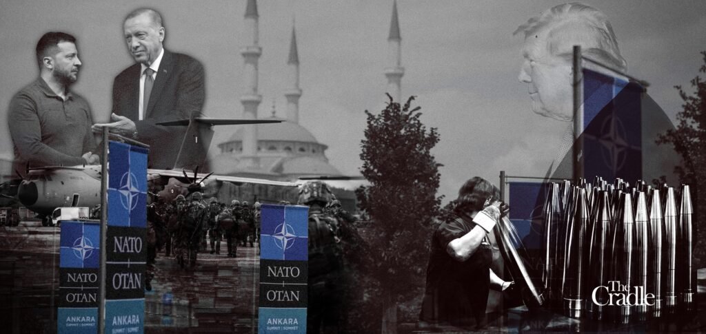 A monochrome photomontage featuring portraits of Volodymyr Zelenskyy, Recep Tayyip Erdogan, and Donald Trump overlaying scenes of military troops, a cargo aircraft, artillery ammunition, and blue banners reading NATO OTAN Ankara Summit, illustrating geopolitical strategic changes tied to NATO 3.0.