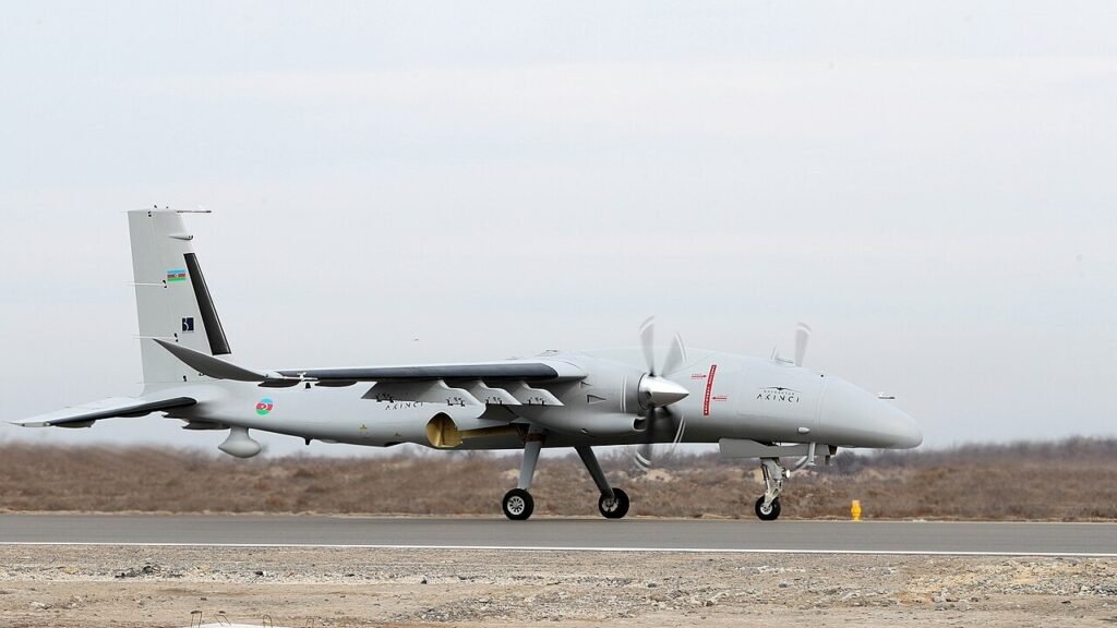 Air Defense Shift Exposed by Saudi Akinci Drone Loss A Bayraktar Akinci unmanned combat aerial vehicle taxiing along an airfield runway, demonstrating military drone capabilities central to an Air Defense Shift.
