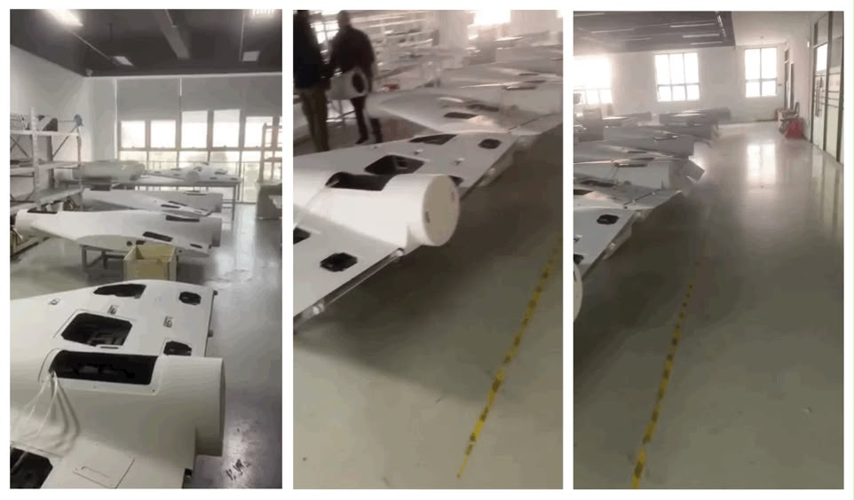 Changing Iran’s Coercive Calculus Requires More Than Massing U.S. Forces Unmanned aerial vehicle airframes and drone components lined up inside a manufacturing warehouse, illustrating defense production capabilities influencing Iran's Coercive Calculus.