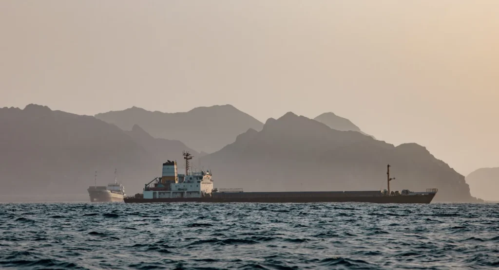 Large cargo ships navigate choppy open waters against a backdrop of hazy, jagged mountain ranges along a desert coastline, illustrating maritime trade dynamics where America and China Converge.