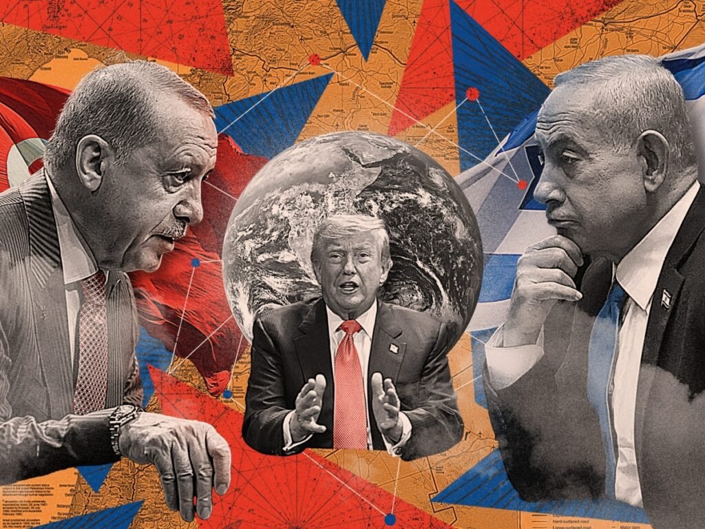 من الأصدقاء إلى الأعداء: كيف تدهورت العلاقات التركية الإسرائيلية A digital collage featuring portraits of Recep Tayyip Erdoğan, Benjamin Netanyahu, and Donald Trump set against a background of global maps and flags, illustrating the complex geopolitical dynamics underlying Turkey-Israel relations.
