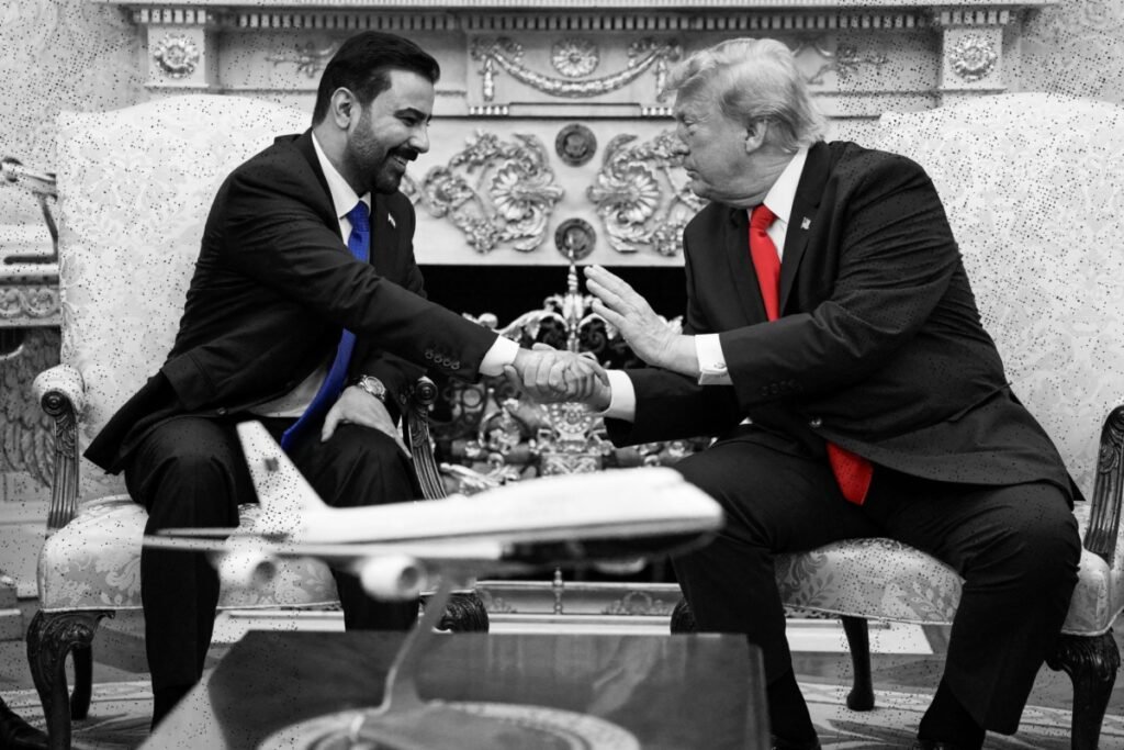 Iraqi political leader status participant shaking hands with Donald Trump in an ornate meeting room during the al-Zaidi Washington visit.