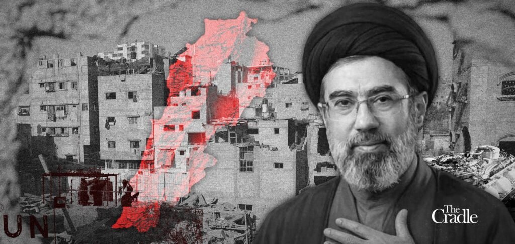 A graphic photomontage featuring a portrait of Mojtaba Khamenei wearing glasses and a turban, overlaid on a background of a red outline map of Lebanon, heavily damaged buildings, and a distressed urban landscape, illustrating regional conflicts tied to Iran's deterrence doctrine