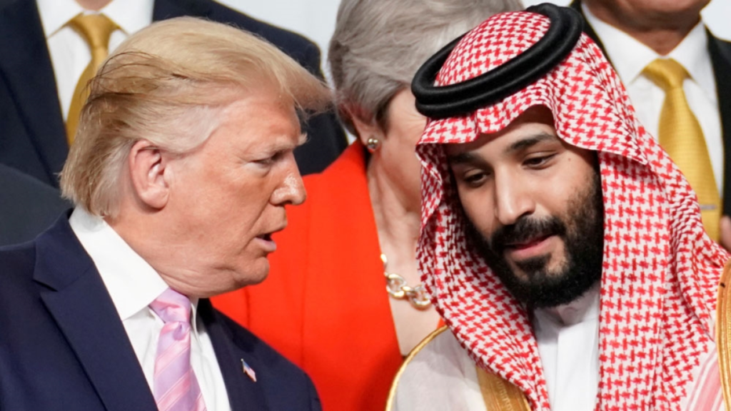 Donald Trump leaning in to converse closely with Saudi Crown Prince Mohammed bin Salman at an international summit, illustrating high-level diplomatic discussions surrounding the US-Saudi nuclear deal.