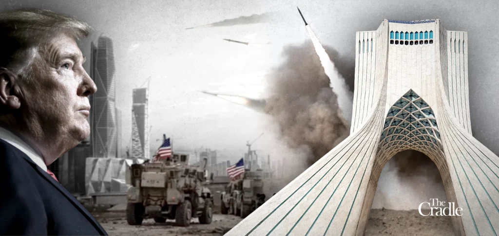 A digital photomontage featuring a profile view of Donald Trump on the left, US military armored vehicles with American flags in a cityscape, missiles launching amid thick smoke in the center, and the Azadi Tower on the right, illustrating regional threats to US bases in the Gulf.