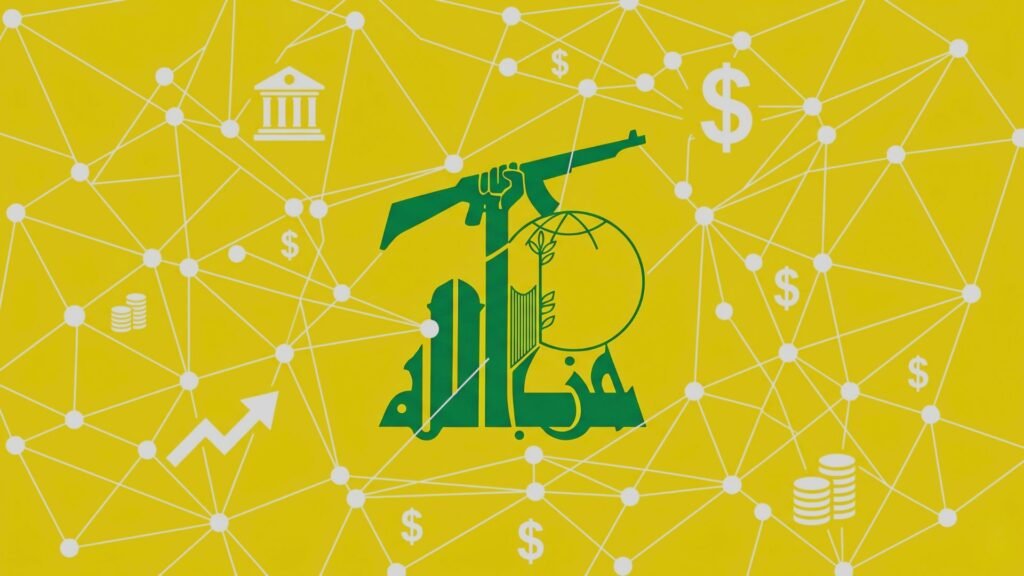 Hezbollah’s Financing Strategies: Recovering From War With Israel A graphic illustration of the green Hezbollah logo centered over a yellow network grid featuring symbols of dollar signs, a bank building, and coin stacks, depicting transnational monetary networks and Hezbollah Financing.
