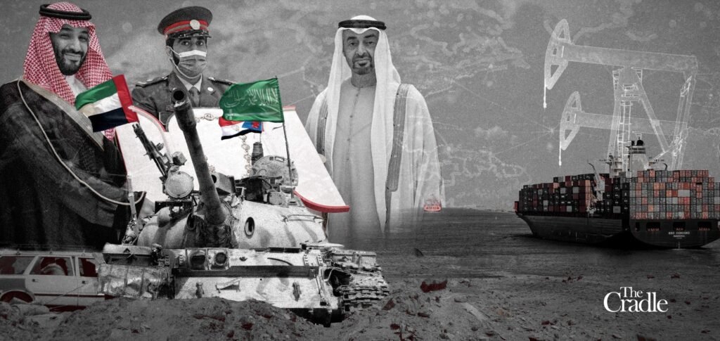Saudi UAE Détente Looks More Like a Truce Than Reconciliation A graphic collage featuring Saudi Crown Prince Mohammed bin Salman and UAE President Mohamed bin Zayed alongside a military tank, cargo container ship, and oil pump jacks, illustrating political friction and the Saudi UAE Détente.