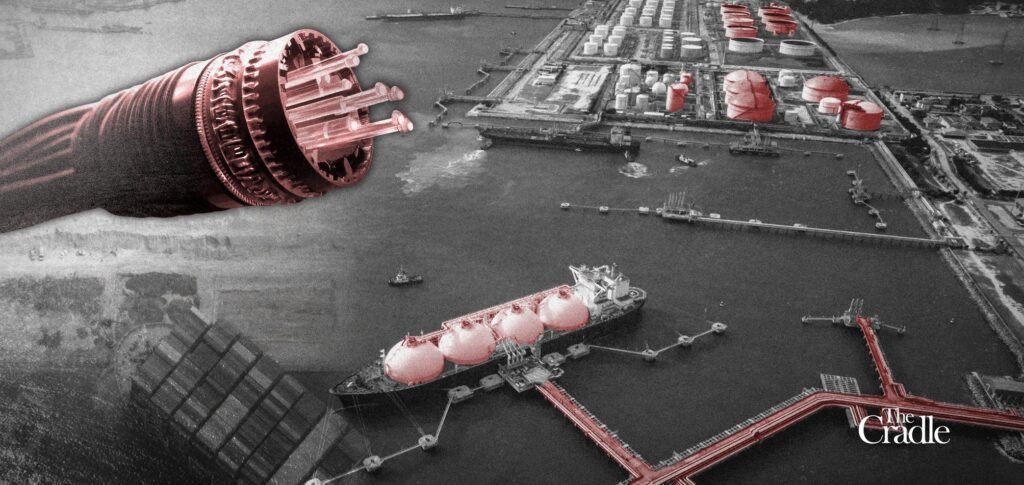 A composite illustration showing an undersea fiber-optic cable extending toward a maritime industrial landscape, symbolizing the connection between critical infrastructure and modern data routes.