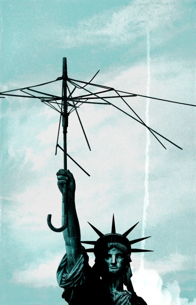 The Broken Nuclear Umbrella Surrealistic artwork depicting the Statue of Liberty holding up a broken umbrella frame stripped of its fabric against a pale blue sky with a faint condensation trail, symbolizing global security vulnerabilities and the challenges facing the nuclear umbrella.
