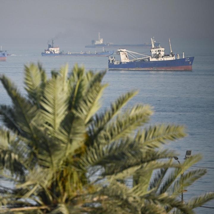 How to Isolate Tehran A view of several cargo ships navigating open water, framed by palm fronds in the foreground, representing the maritime logistical challenges central to strategies intended to Isolate Tehran.