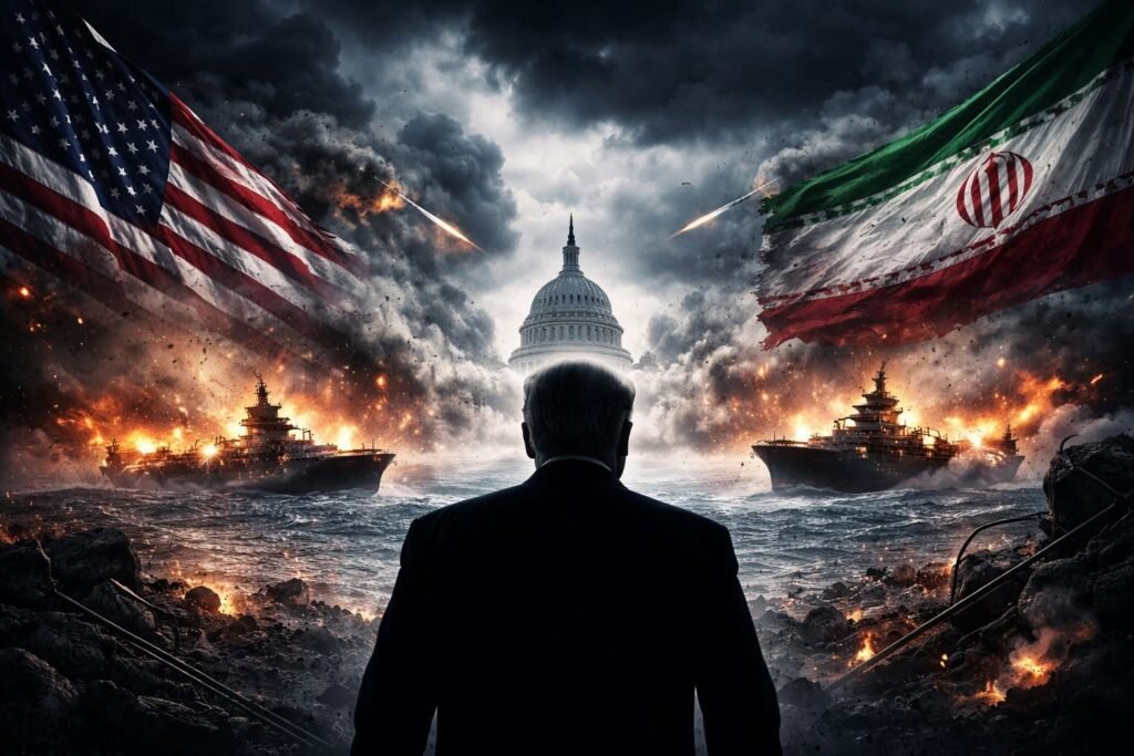 Can Dems harness Iran war anger to sink Trump’s military budget? An illustration of a man standing before a turbulent seascape with burning warships, flanked by the United States and Iranian flags, with the U.S. Capitol in the distance, framing the intense debate over Trump's military budget.
