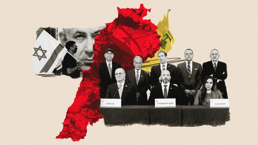 A political photo collage showing a prominent cracked red map of Lebanon layered over a row of seated and standing officials representing Israel, United States, and Lebanon behind labeled country nameplates, illustrating the strategic debate over pilot zones.
